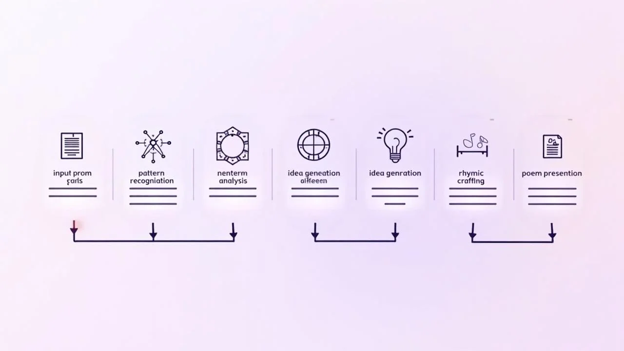 Visual diagram showing how artificial intelligence processes text input through neural networks to generate creative poetry with rhythm and metaphors