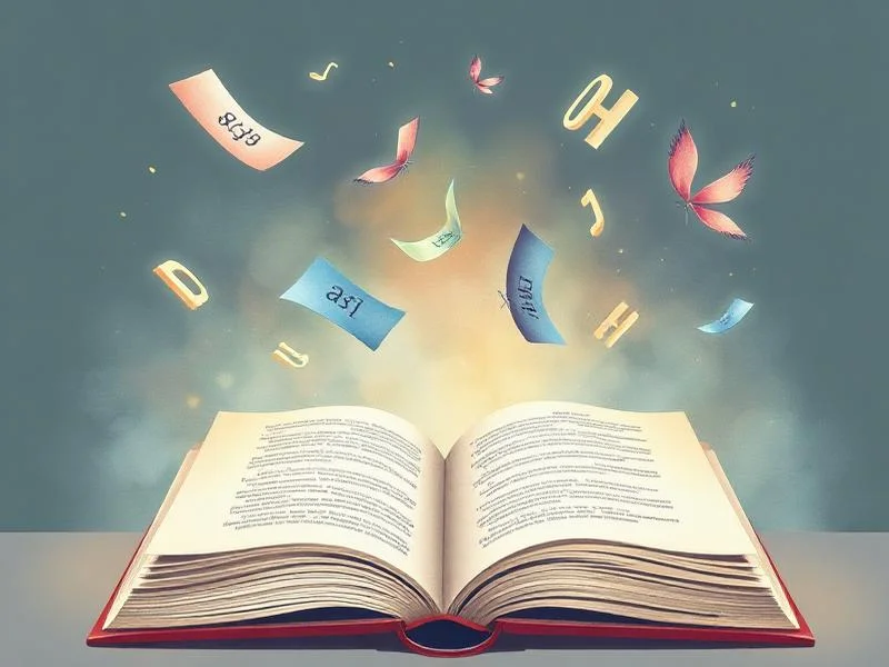 An open book with magical flying letters representing AI-powered poetry generation and creative writing inspiration