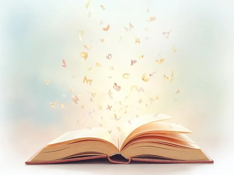 Artistic illustration of an open book with flowing text letters floating upward