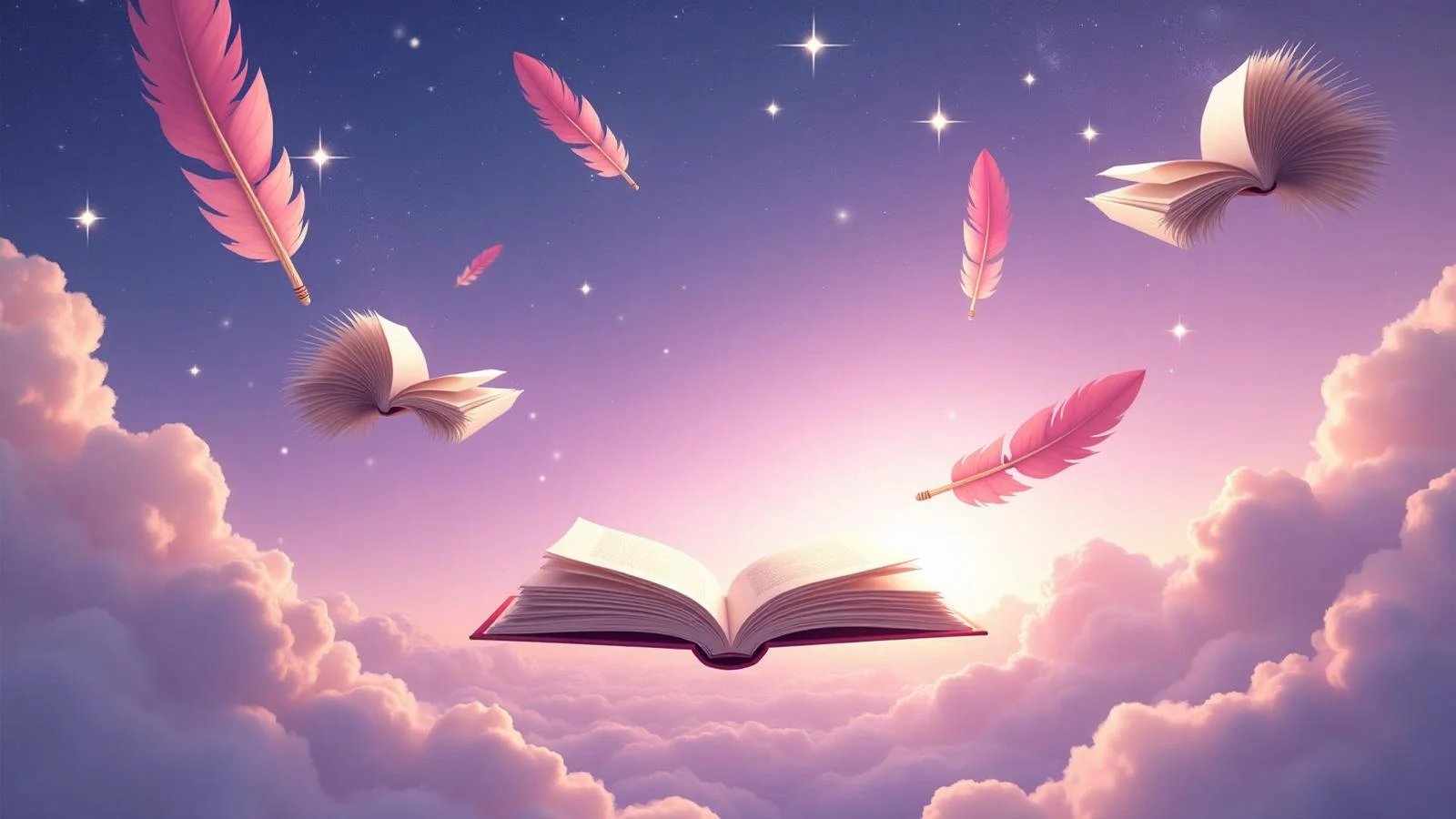An open book with magical flying letters representing AI-powered poetry generation and creative writing inspiration